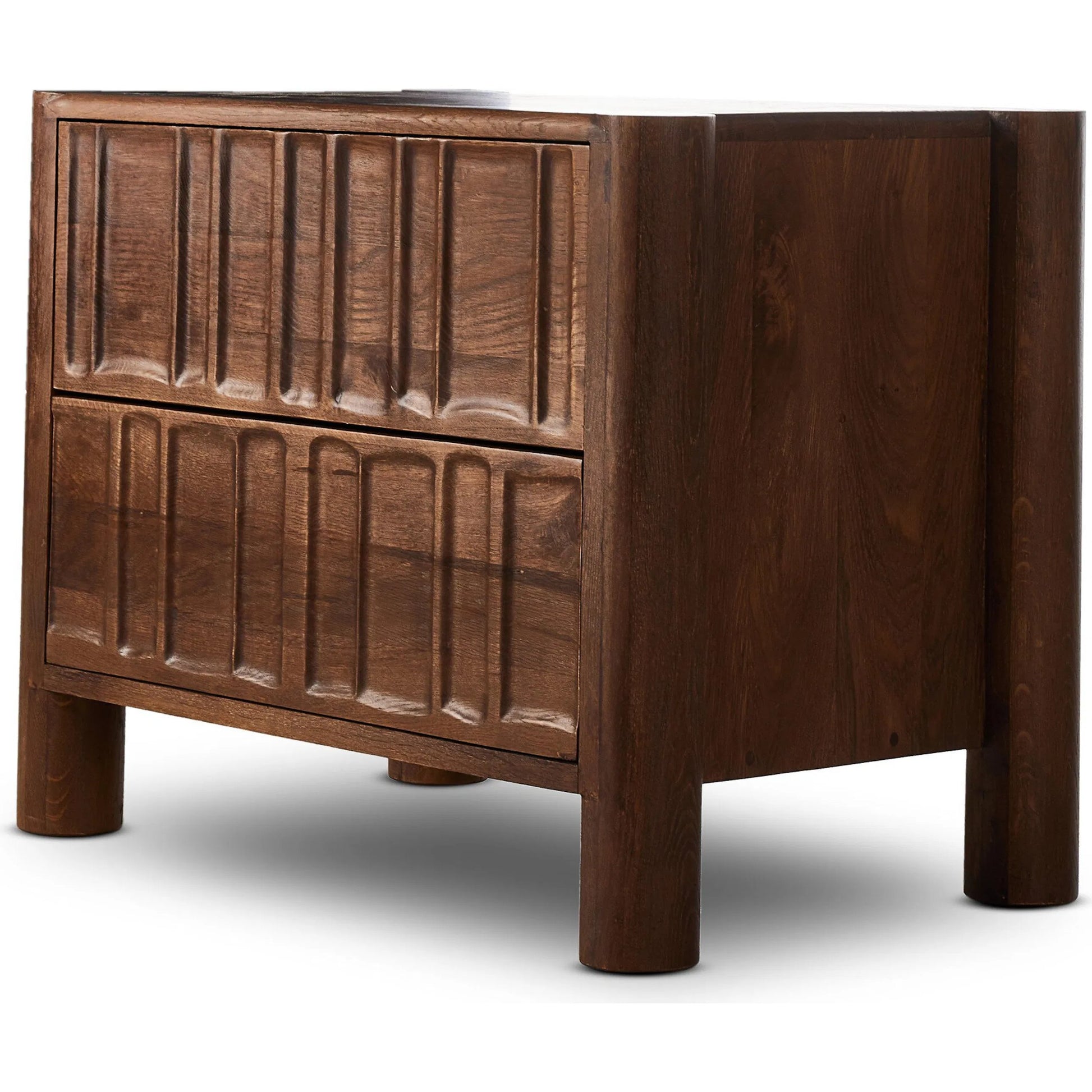 Ezri Nightstand by Four Hands in cocoa oak, carved cocoa oak. Made from solid oak in a unique style.