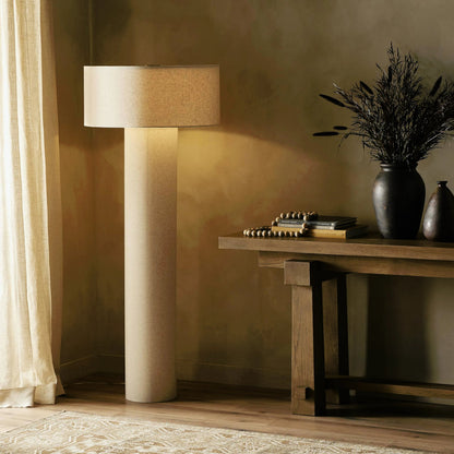 Hensley Floor Lamp by Four Hands in antique brass iron, flax linen and antique brass iron. Made from iron, 75% flax/linen, 25% cotton in a modern style.