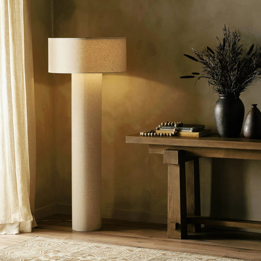 Hensley Floor Lamp by Four Hands in antique brass iron, flax linen and antique brass iron. Made from iron, 75% flax/linen, 25% cotton in a modern style.