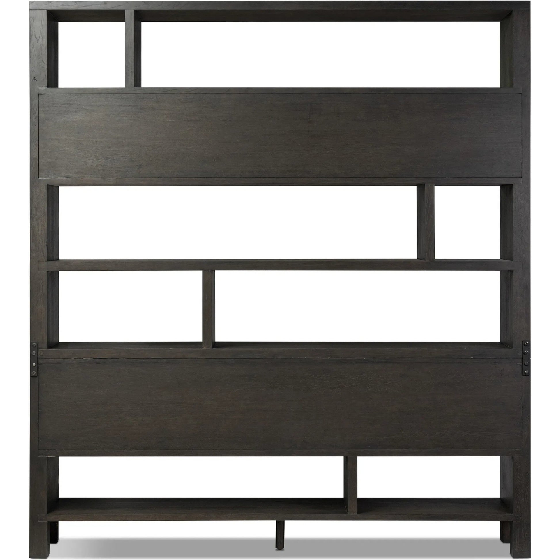 Noeline Wide Bookcase by Four Hands in smoked black oak, smoked black oak veneer. Made from solid oak, engineered hardwood, thick oak veneer in a modern style.