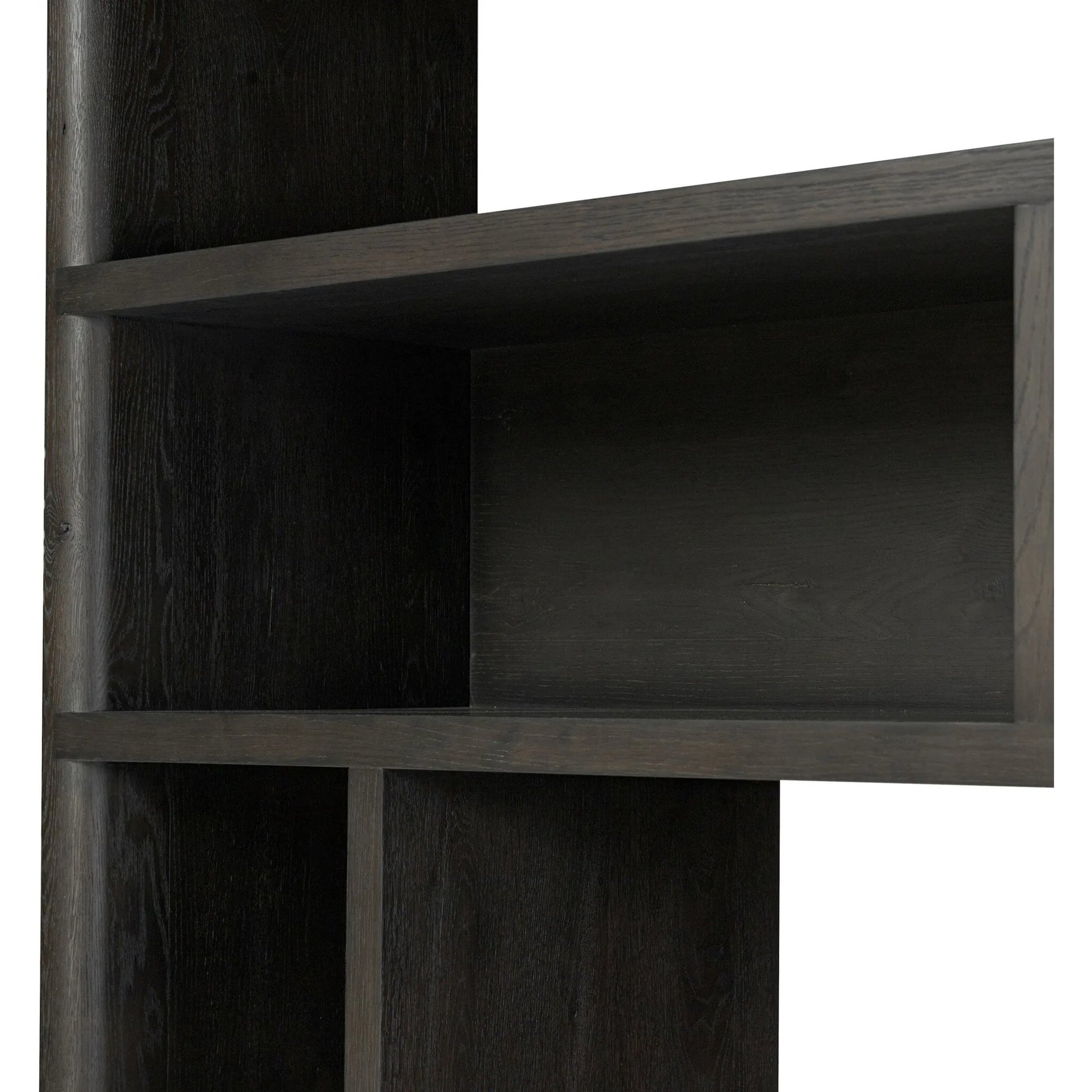 Noeline Wide Bookcase by Four Hands in smoked black oak, smoked black oak veneer. Made from solid oak, engineered hardwood, thick oak veneer in a modern style.
