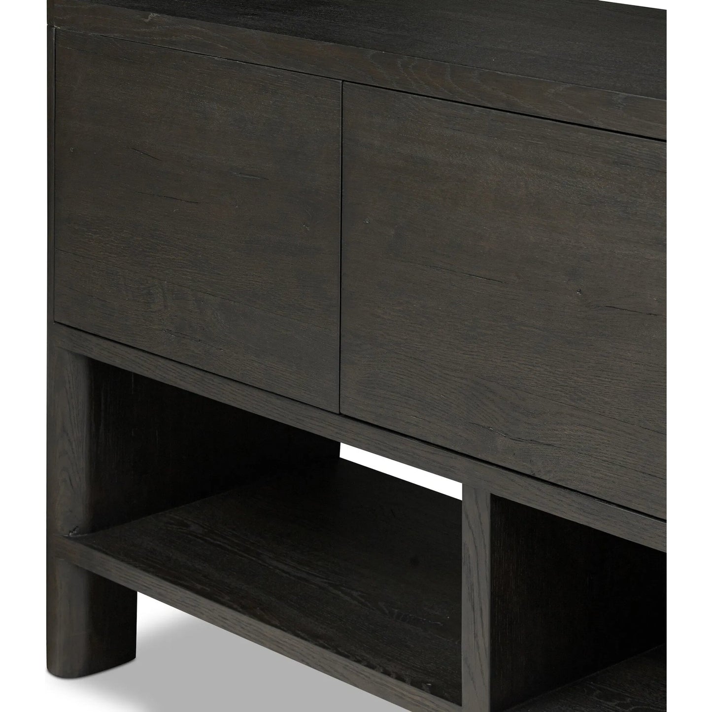 010 SI-2257120 | Closeup | Noeline Wide Bookcase by Four Hands in smoked black oak, smoked black oak veneer. Made from solid oak, engineered hardwood, thick oak veneer in a modern style.