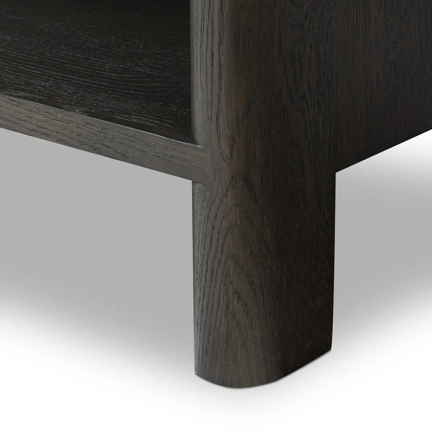 012 SI-2257120 | Closeup | Noeline Wide Bookcase by Four Hands in smoked black oak, smoked black oak veneer. Made from solid oak, engineered hardwood, thick oak veneer in a modern style.