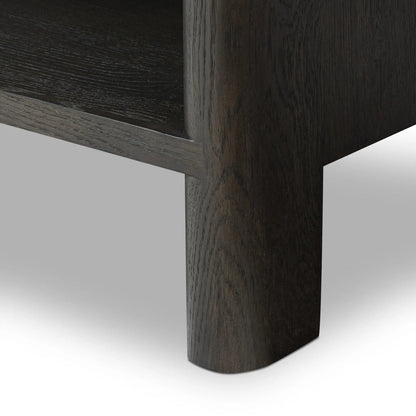 Noeline Wide Bookcase by Four Hands in smoked black oak, smoked black oak veneer. Made from solid oak, engineered hardwood, thick oak veneer in a modern style.