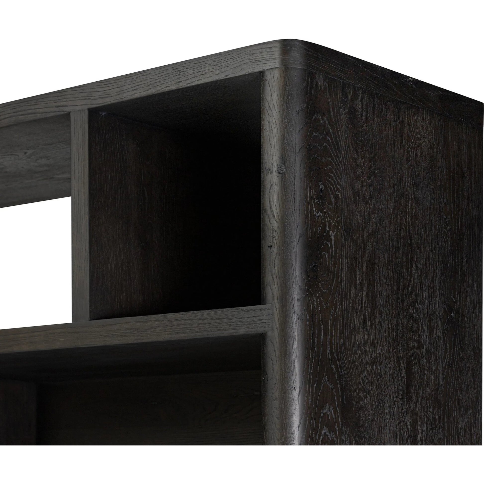 Noeline Wide Bookcase by Four Hands in smoked black oak, smoked black oak veneer. Made from solid oak, engineered hardwood, thick oak veneer in a modern style.