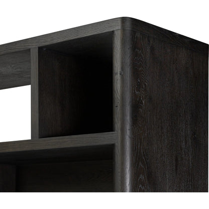 Noeline Wide Bookcase by Four Hands in smoked black oak, smoked black oak veneer. Made from solid oak, engineered hardwood, thick oak veneer in a modern style.