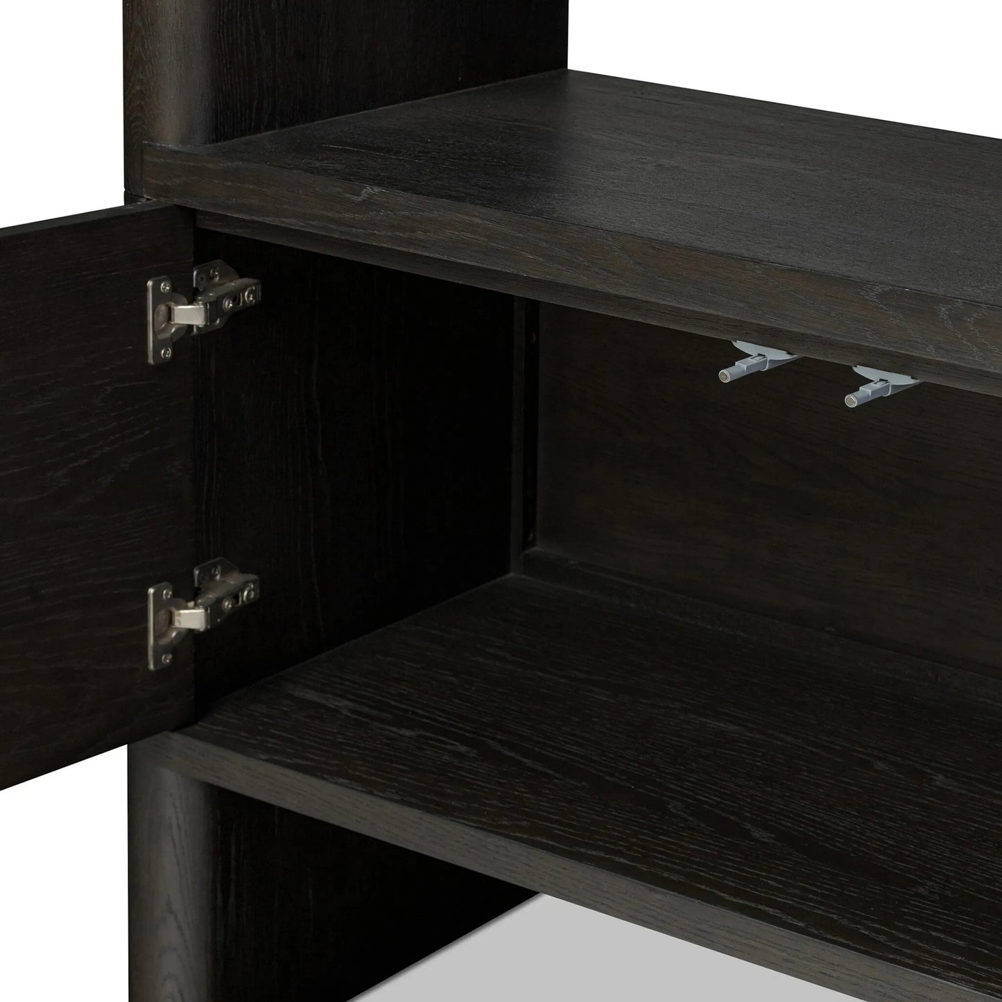 015 SI-2257120 | Closeup | Noeline Wide Bookcase by Four Hands in smoked black oak, smoked black oak veneer. Made from solid oak, engineered hardwood, thick oak veneer in a modern style.
