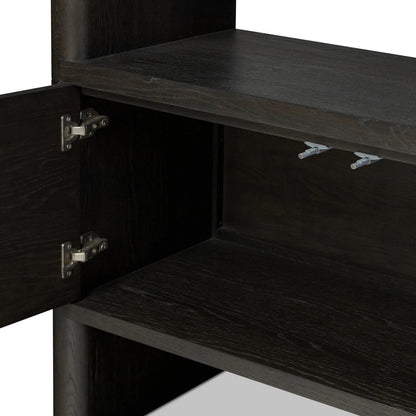 Noeline Wide Bookcase by Four Hands in smoked black oak, smoked black oak veneer. Made from solid oak, engineered hardwood, thick oak veneer in a modern style.