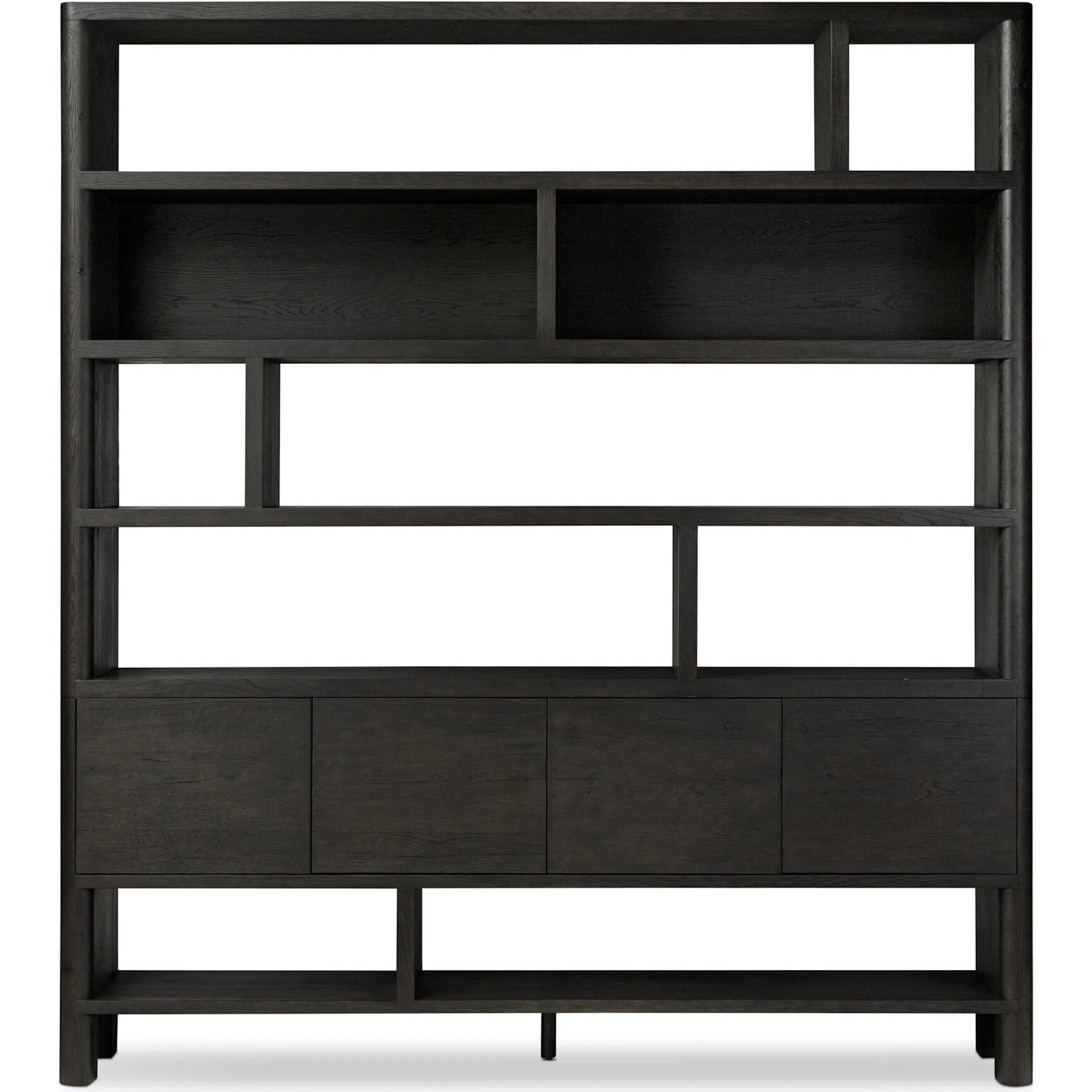 Noeline Wide Bookcase by Four Hands in smoked black oak, smoked black oak veneer. Made from solid oak, engineered hardwood, thick oak veneer in a modern style.