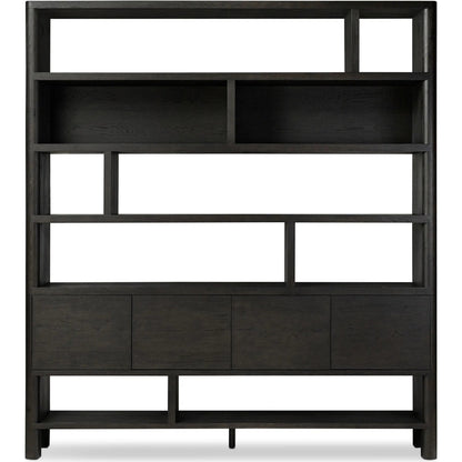 Noeline Wide Bookcase by Four Hands in smoked black oak, smoked black oak veneer. Made from solid oak, engineered hardwood, thick oak veneer in a modern style.