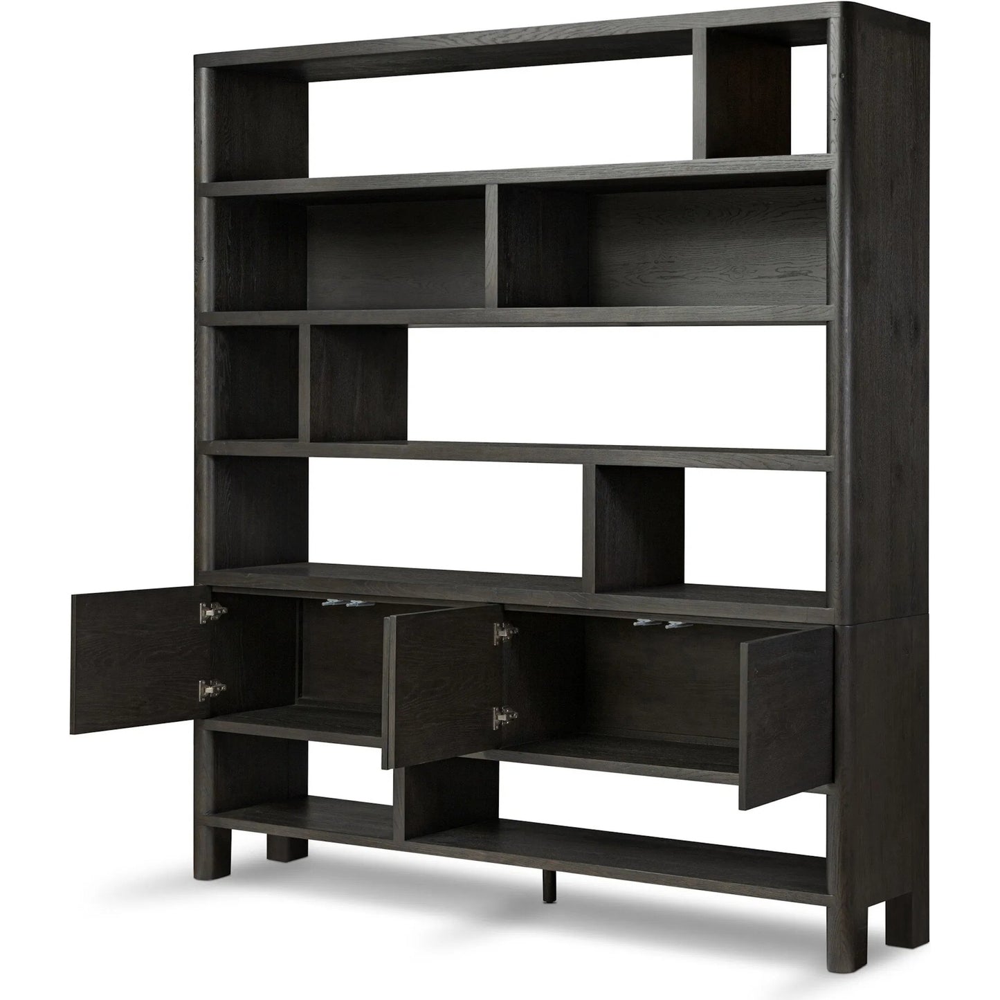011 SI-2257120 | Additional Silo | Noeline Wide Bookcase by Four Hands in smoked black oak, smoked black oak veneer. Made from solid oak, engineered hardwood, thick oak veneer in a modern style.
