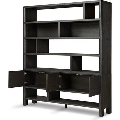 Noeline Wide Bookcase by Four Hands in smoked black oak, smoked black oak veneer. Made from solid oak, engineered hardwood, thick oak veneer in a modern style.