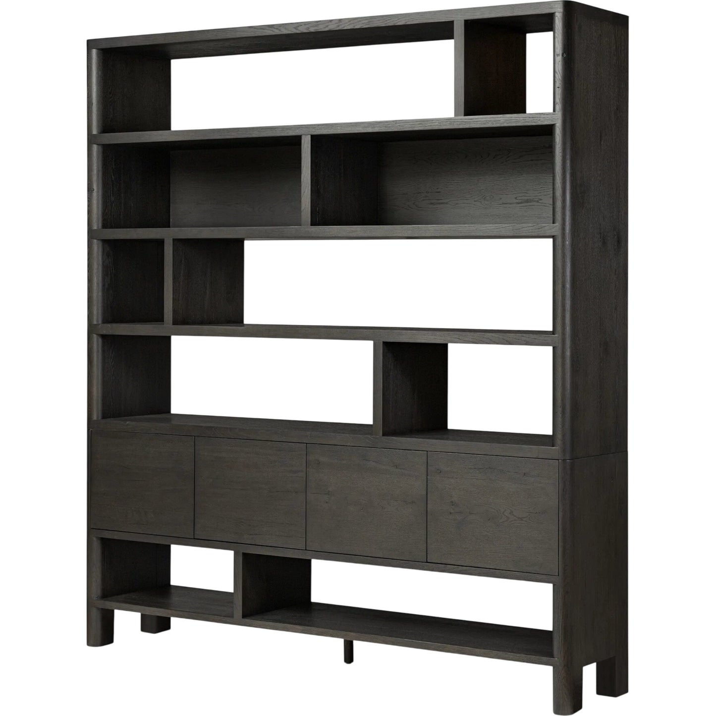 019 SI-2257120 | Primary Silo | Noeline Wide Bookcase by Four Hands in smoked black oak, smoked black oak veneer. Made from solid oak, engineered hardwood, thick oak veneer in a modern style.