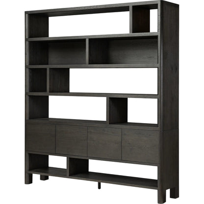 Noeline Wide Bookcase by Four Hands in smoked black oak, smoked black oak veneer. Made from solid oak, engineered hardwood, thick oak veneer in a modern style.
