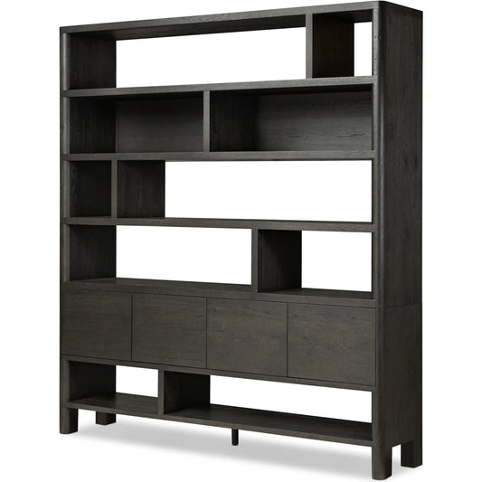 Noeline Wide Bookcase by Four Hands in smoked black oak. Made from solid oak, engineered hardwood, thick oak veneer in a unique style.