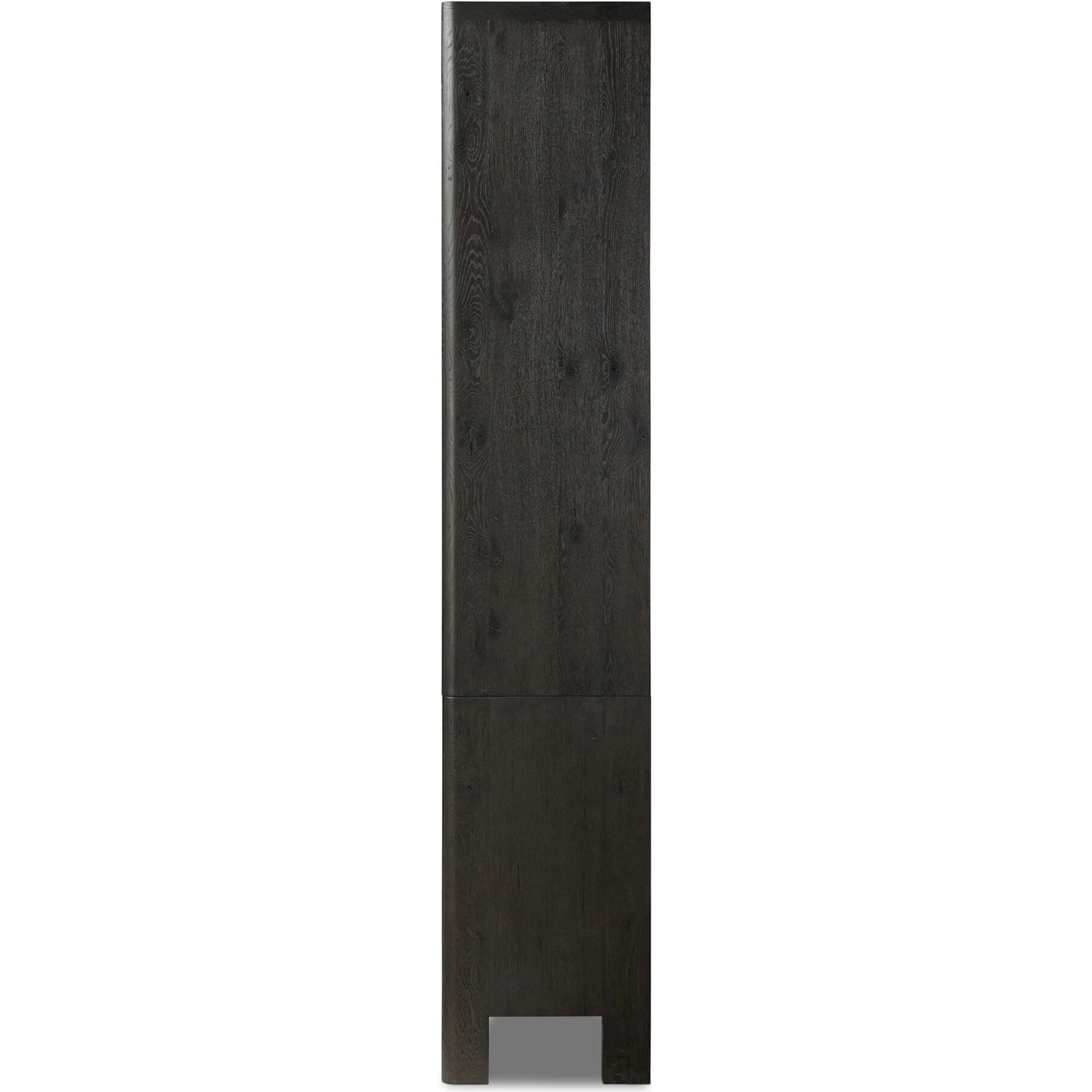 Noeline Wide Bookcase by Four Hands in smoked black oak, smoked black oak veneer. Made from solid oak, engineered hardwood, thick oak veneer in a modern style.