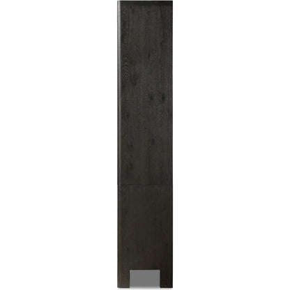 Noeline Wide Bookcase by Four Hands in smoked black oak, smoked black oak veneer. Made from solid oak, engineered hardwood, thick oak veneer in a modern style.