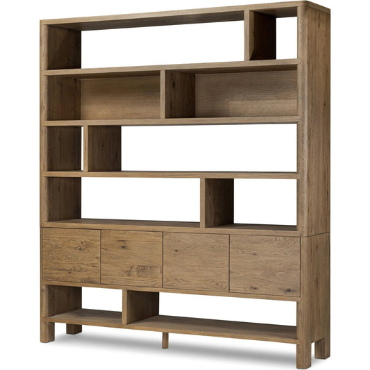 Noeline Wide Bookcase by Four Hands in worn oak, resawn worn oak. Made from solid oak, resawn oak veneer in a transitional style.