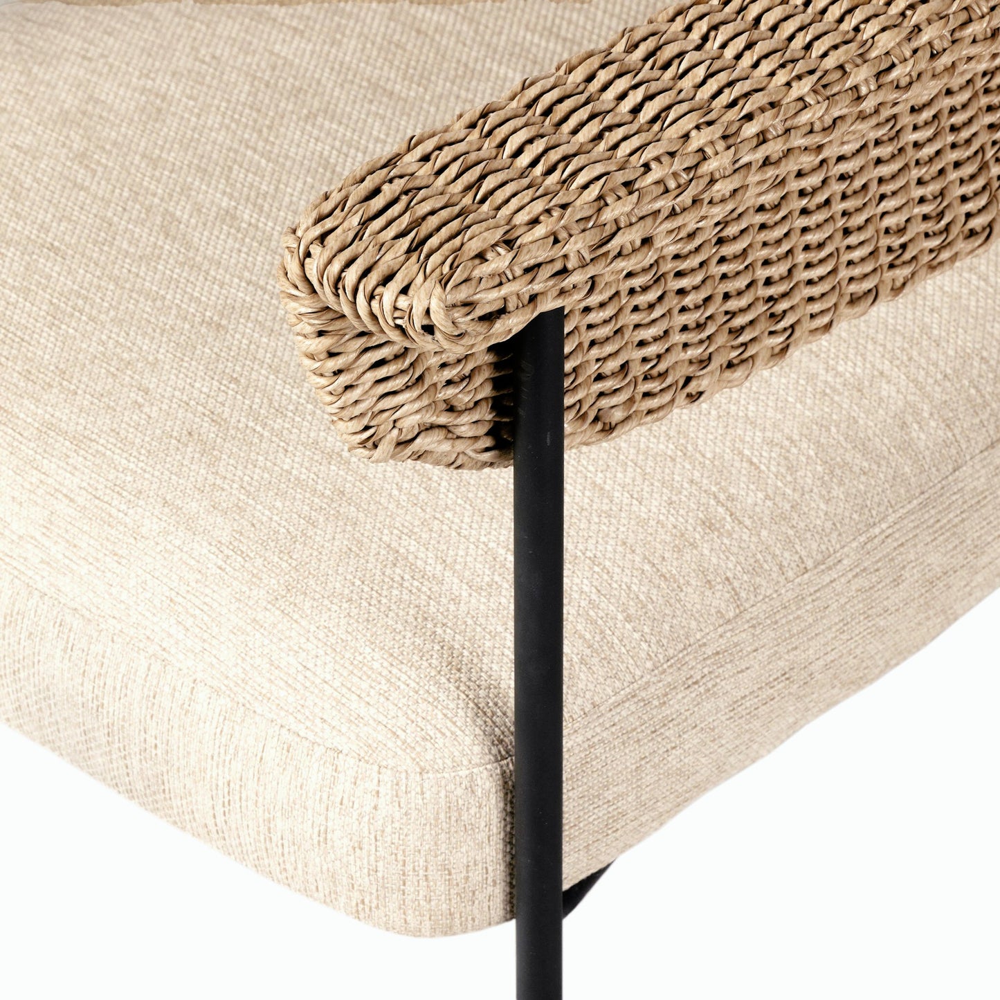 019 SI-2158102 | Closeup | Carrie Outdoor Dining Chair by Four Hands. Made from 100% olefin, iron, 100% polyethylene in a modern style.