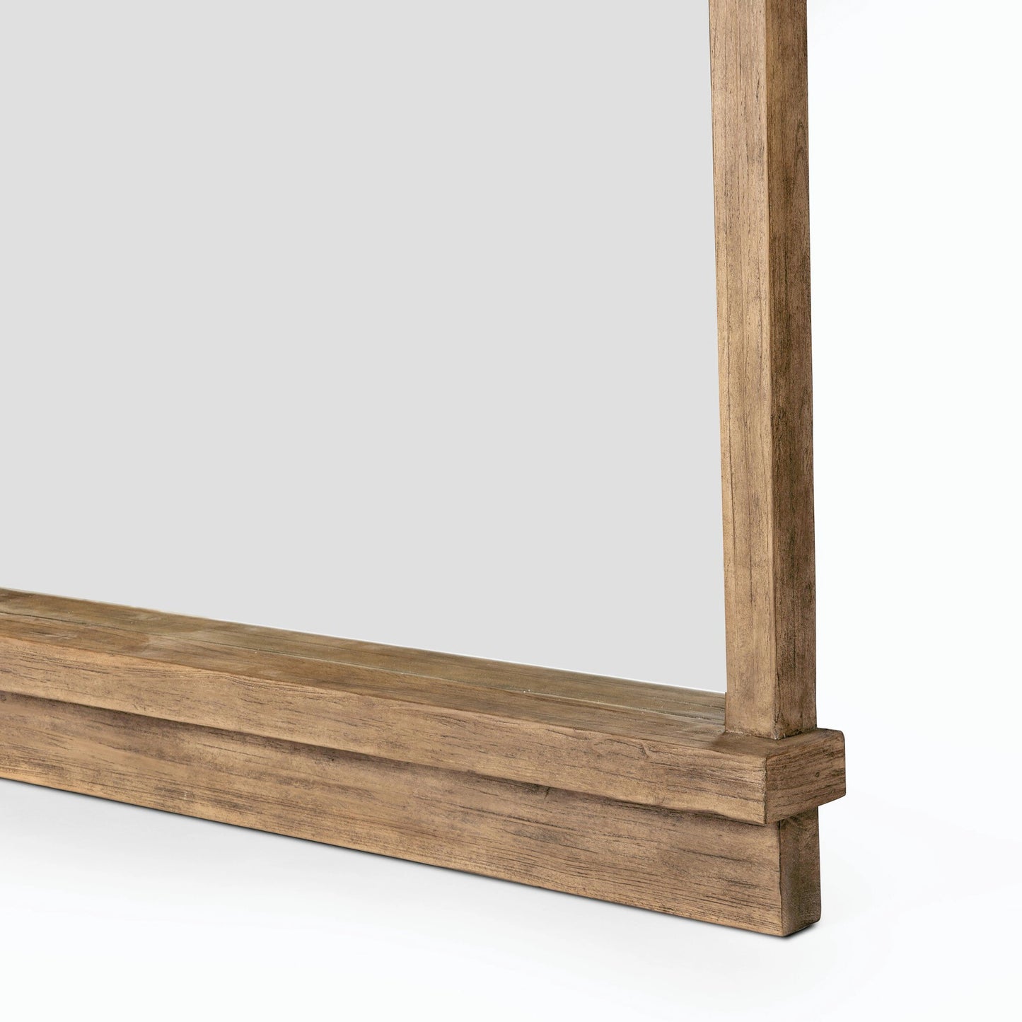 006 SI-2158277 | Closeup | Ledge Wall Mirror by Four Hands in distressed light pine. Made from solid pine, mirror, poplar eucalyptus plywood in a modern style.