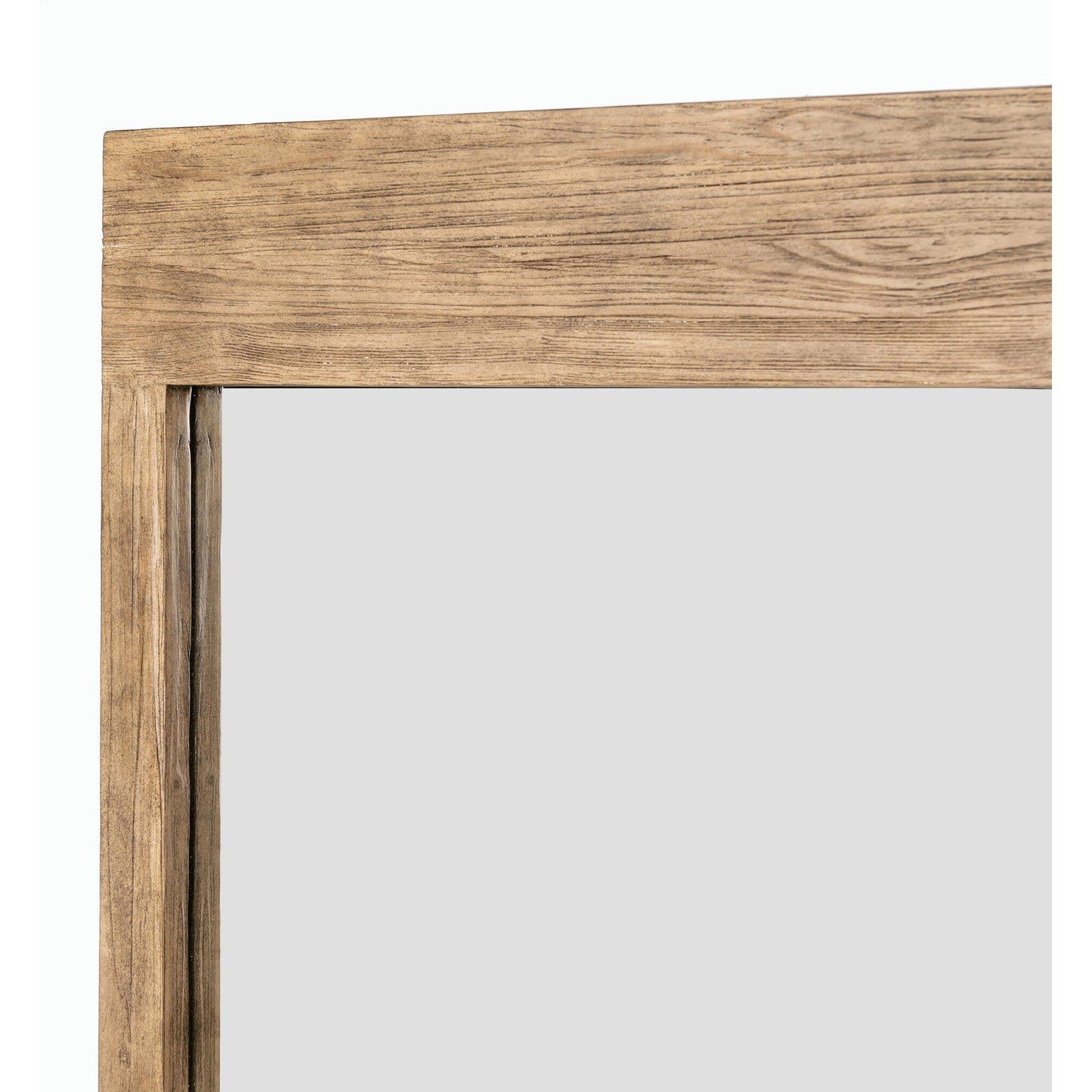008 SI-2158277 | Closeup | Ledge Wall Mirror by Four Hands in distressed light pine. Made from solid pine, mirror, poplar eucalyptus plywood in a modern style.