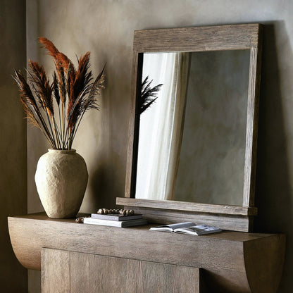 Ledge Wall Mirror by Four Hands in distressed light pine. Made from solid pine, mirror, poplar eucalyptus plywood in a modern style.