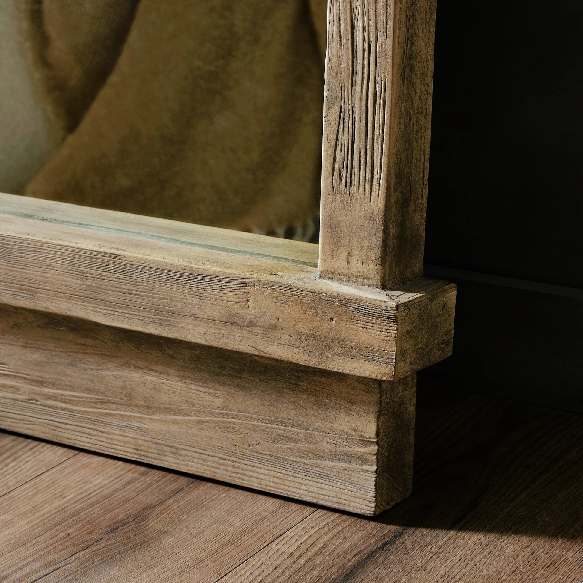Ledge Floor Mirror by Four Hands in distressed light pine. Made from solid pine, mirror, poplar eucalyptus plywood in a modern style.