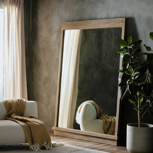 Ledge Floor Mirror by Four Hands in distressed light pine. Made from solid pine, mirror, poplar eucalyptus plywood in a modern style.