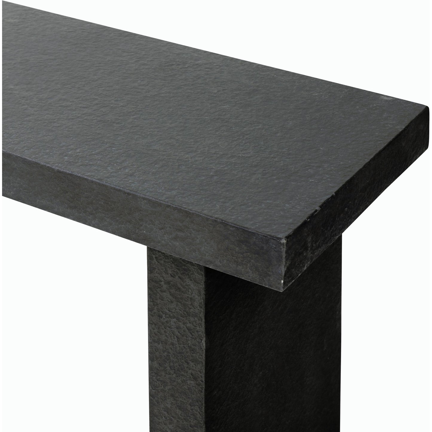 005 SI-2158201 | Closeup | Huesca Outdoor Console Table by Four Hands in distressed graphite concrete. Made from concrete in a modern style.