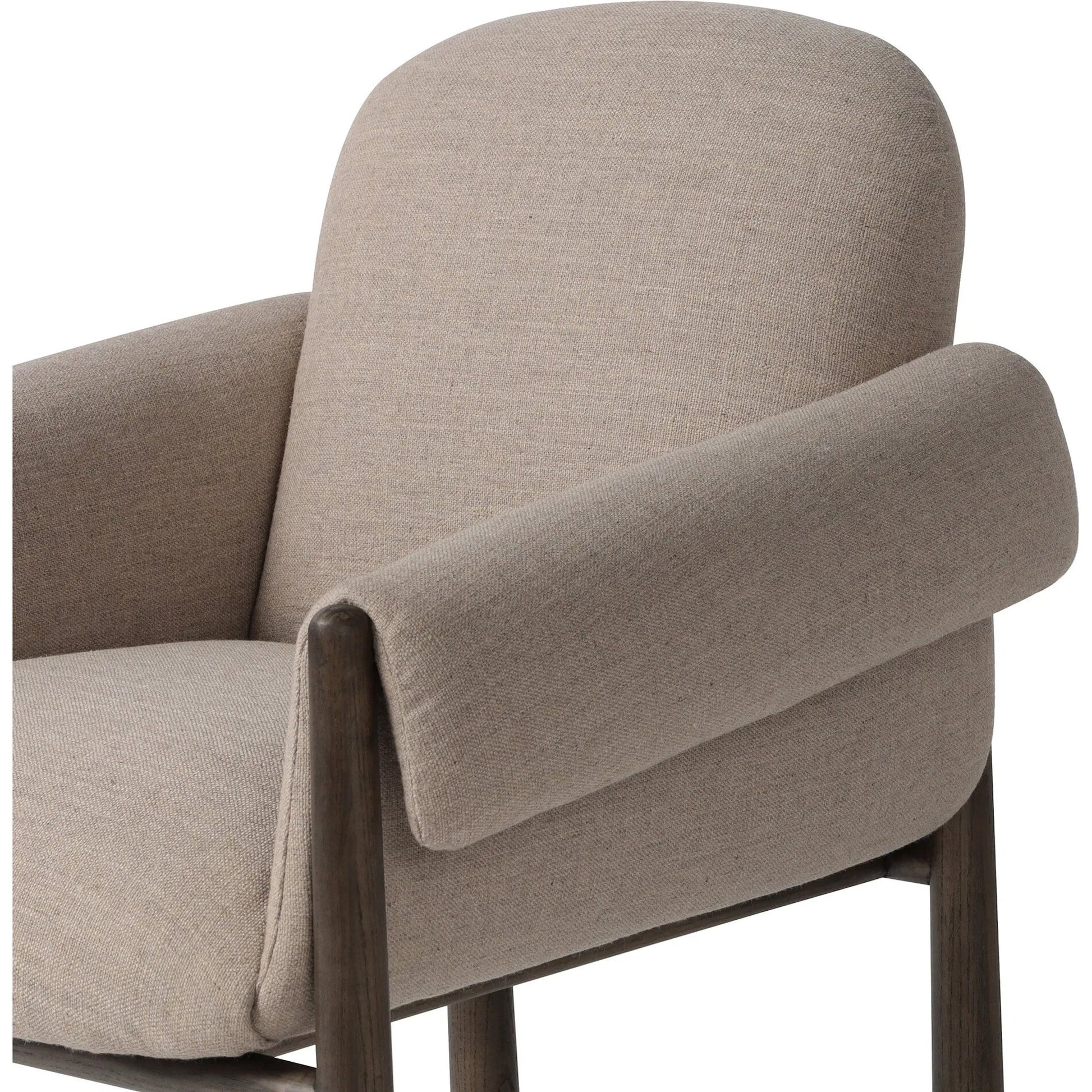 Olia Dining Chair by Four Hands in alcala taupe, warm nettlewood. Made from 70% polyester, 20% viscose (rayon), 10% flax/linen, solid nettlewood, eucalyptus plywood in a transitional style.