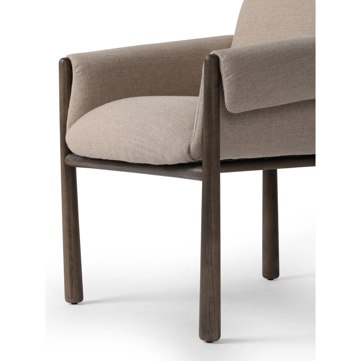 014 SI-2257123 | Closeup | Olia Dining Chair by Four Hands in alcala taupe, warm nettlewood. Made from 70% polyester, 20% viscose (rayon), 10% flax/linen, solid nettlewood, eucalyptus plywood in a transitional style.