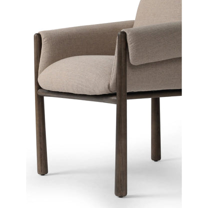 Olia Dining Chair by Four Hands in alcala taupe, warm nettlewood. Made from 70% polyester, 20% viscose (rayon), 10% flax/linen, solid nettlewood, eucalyptus plywood in a transitional style.