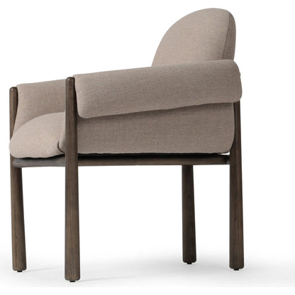 Olia Dining Chair by Four Hands in alcala taupe, warm nettlewood. Made from 70% polyester, 20% viscose (rayon), 10% flax/linen, solid nettlewood, eucalyptus plywood in a transitional style.