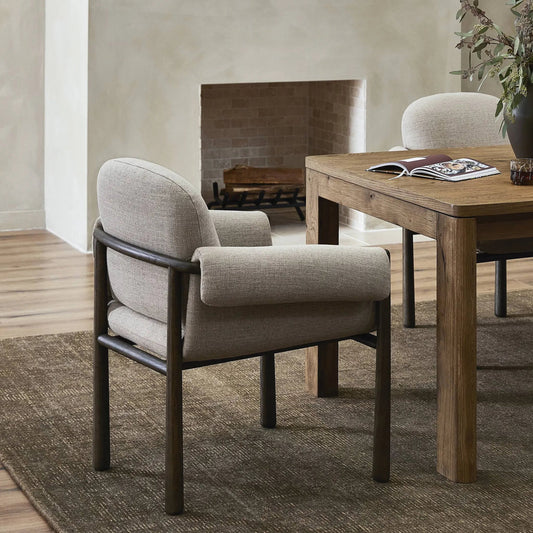 Olia Dining Chair by Four Hands in alcala taupe, warm nettlewood. Made from 70% polyester, 20% viscose (rayon), 10% flax/linen, solid nettlewood, eucalyptus plywood in a transitional style.