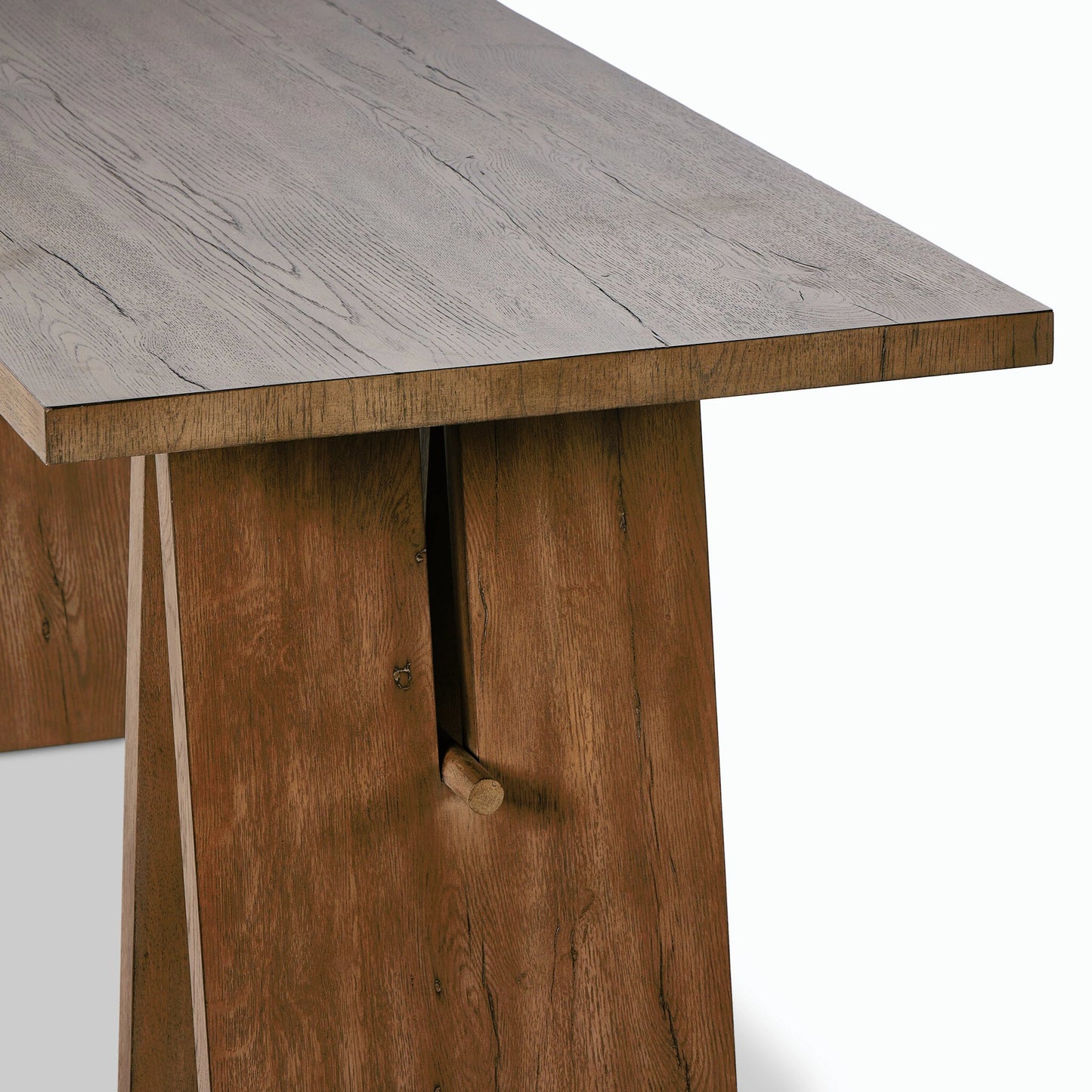 009 SI-2158599 | Closeup | Wylie Desk by Four Hands in rustic grey veneer. Made from thick oak veneer, solid oak in a modern style.