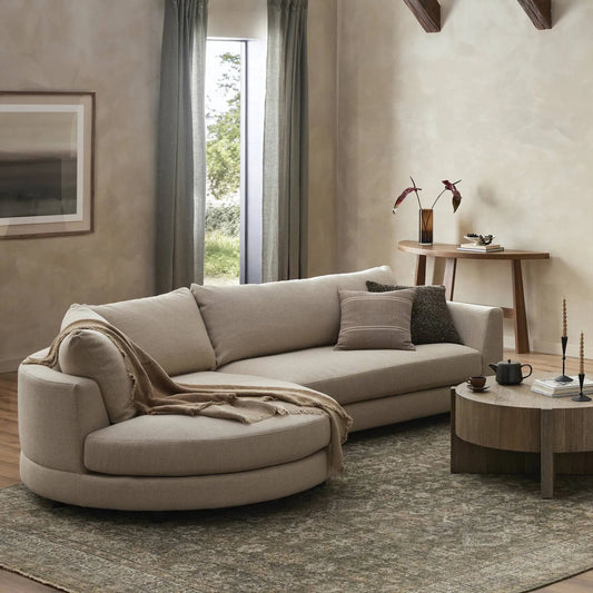 Sylvan 2-Piece Sectional by Four Hands in irving flax, distressed sienna. Made from 56% polyester, 44% acrylic, solid rosa morada in a unique style.