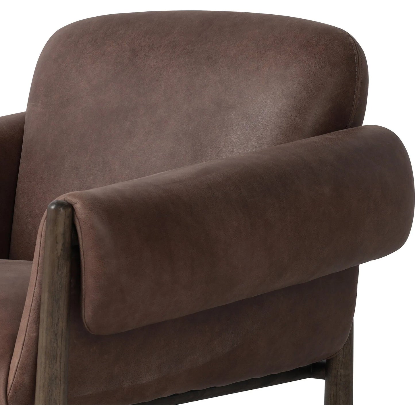 018 SI-2320202 | Closeup | Olia Chair by Four Hands in palermo cigar, warm nettlewood. Made from top grain leather, solid nettlewood in a transitional style.