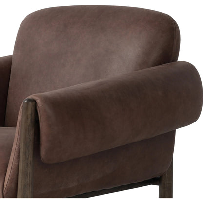 Olia Chair by Four Hands in palermo cigar, warm nettlewood. Made from top grain leather, solid nettlewood in a transitional style.