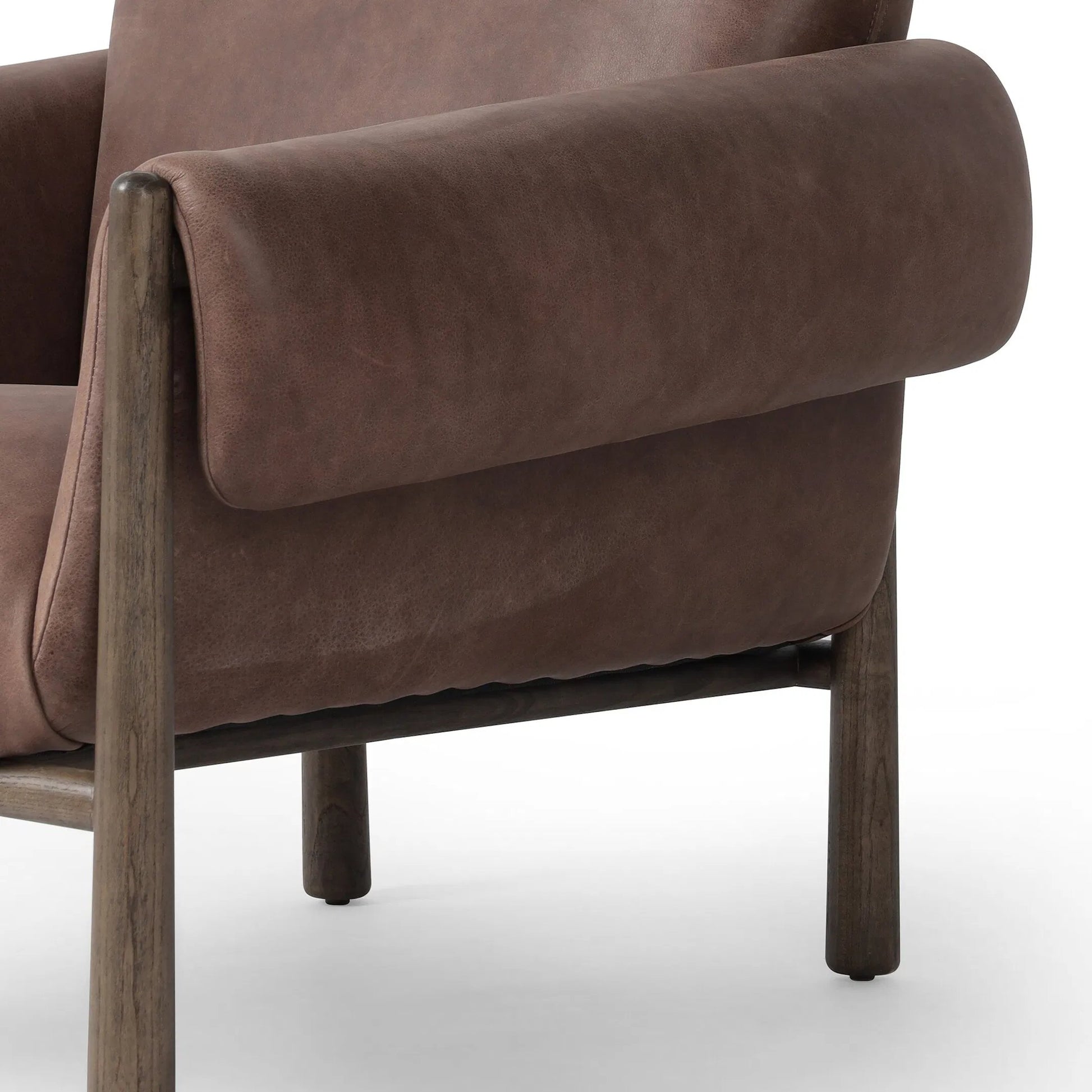 Olia Chair by Four Hands in palermo cigar, warm nettlewood. Made from top grain leather, solid nettlewood in a transitional style.