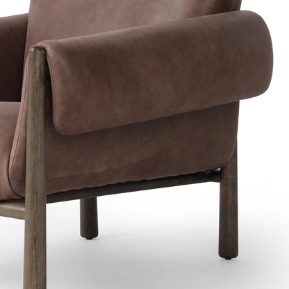 Olia Chair by Four Hands in palermo cigar, warm nettlewood. Made from top grain leather, solid nettlewood in a transitional style.