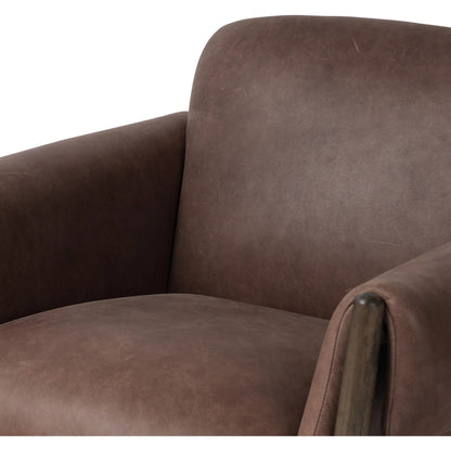 Olia Chair by Four Hands in palermo cigar, warm nettlewood. Made from top grain leather, solid nettlewood in a transitional style.