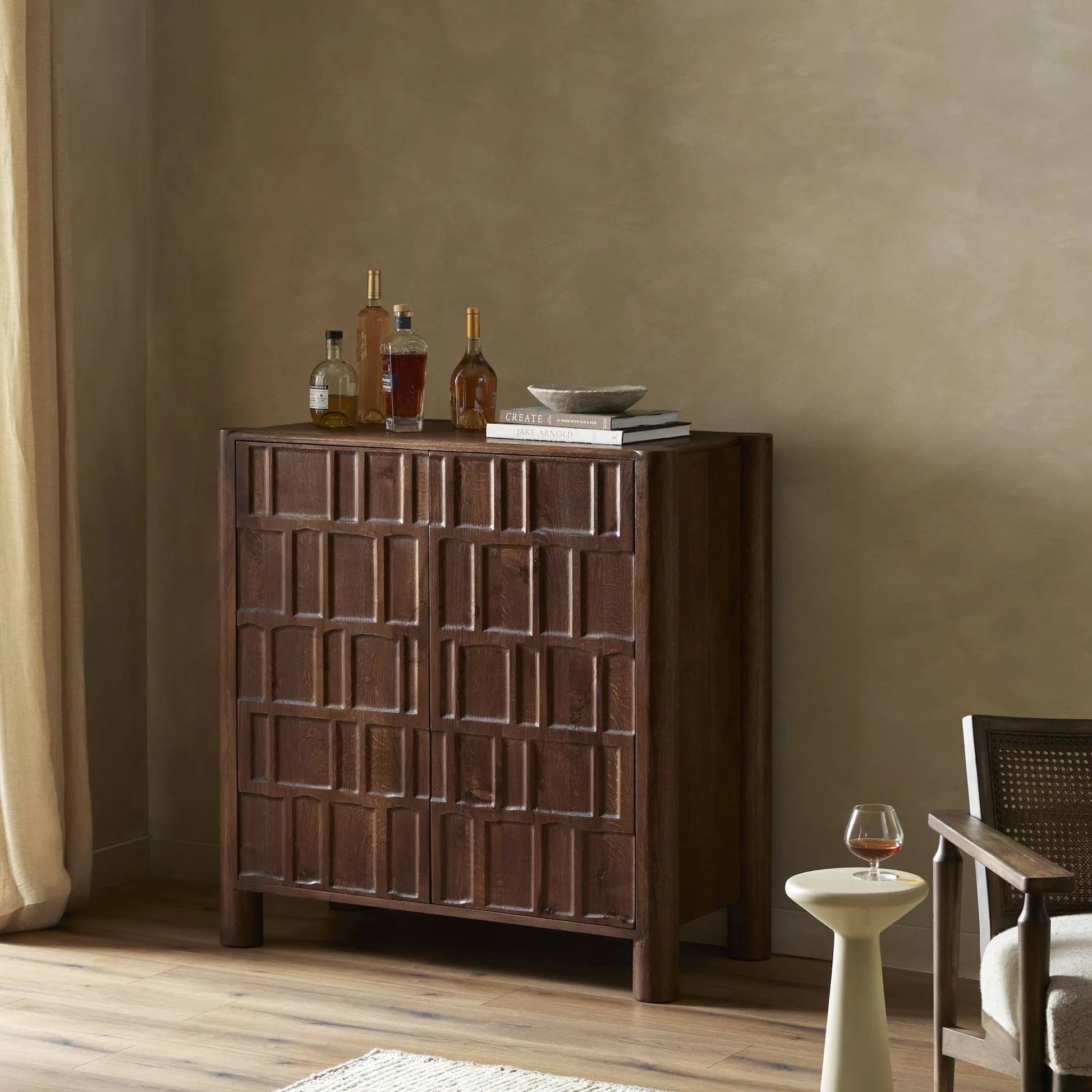 Ezri Bar Cabinet by Four Hands in cocoa oak. Made from solid oak, solid mango in a unique style.