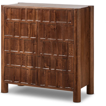 Ezri Bar Cabinet by Four Hands in cocoa oak. Made from solid oak, solid mango in a unique style.