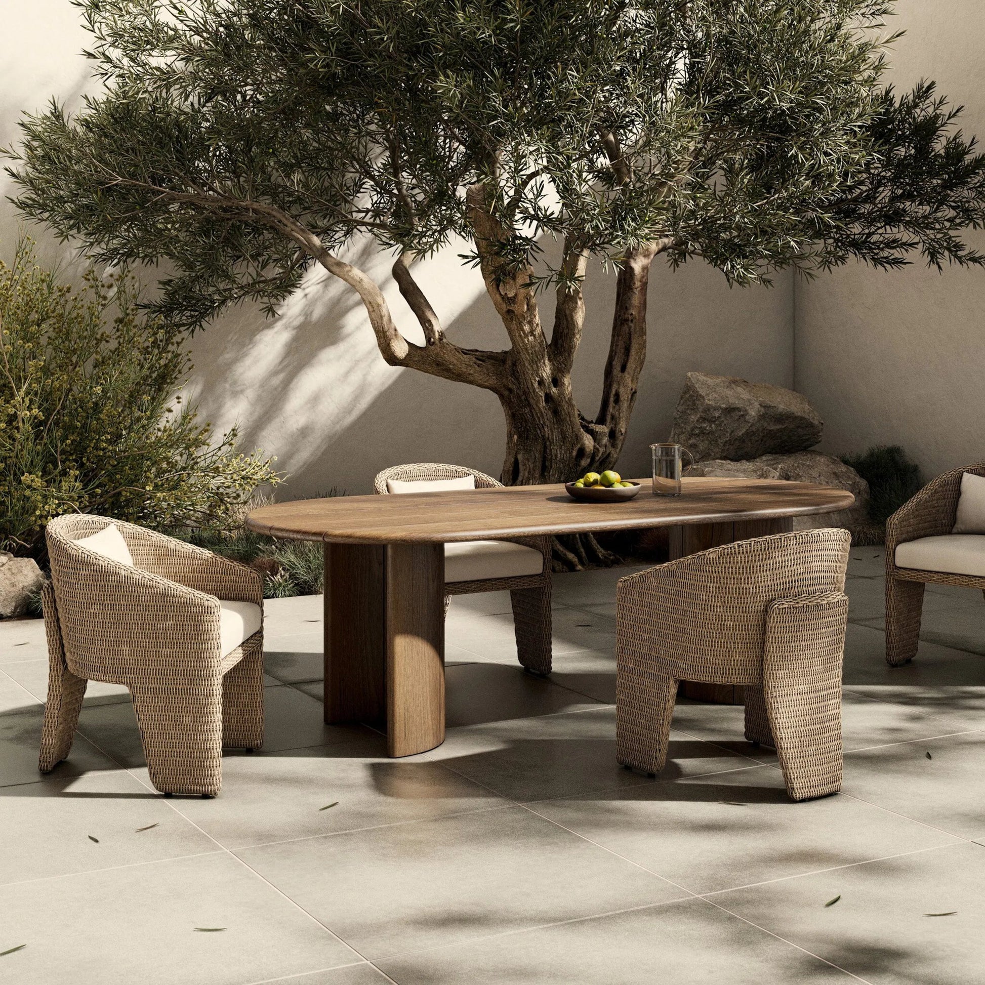 Paden Outdoor Dining Table by Four Hands in stained toasted brown-fsc. Made from solid fsc®-certified teak in a unique style.