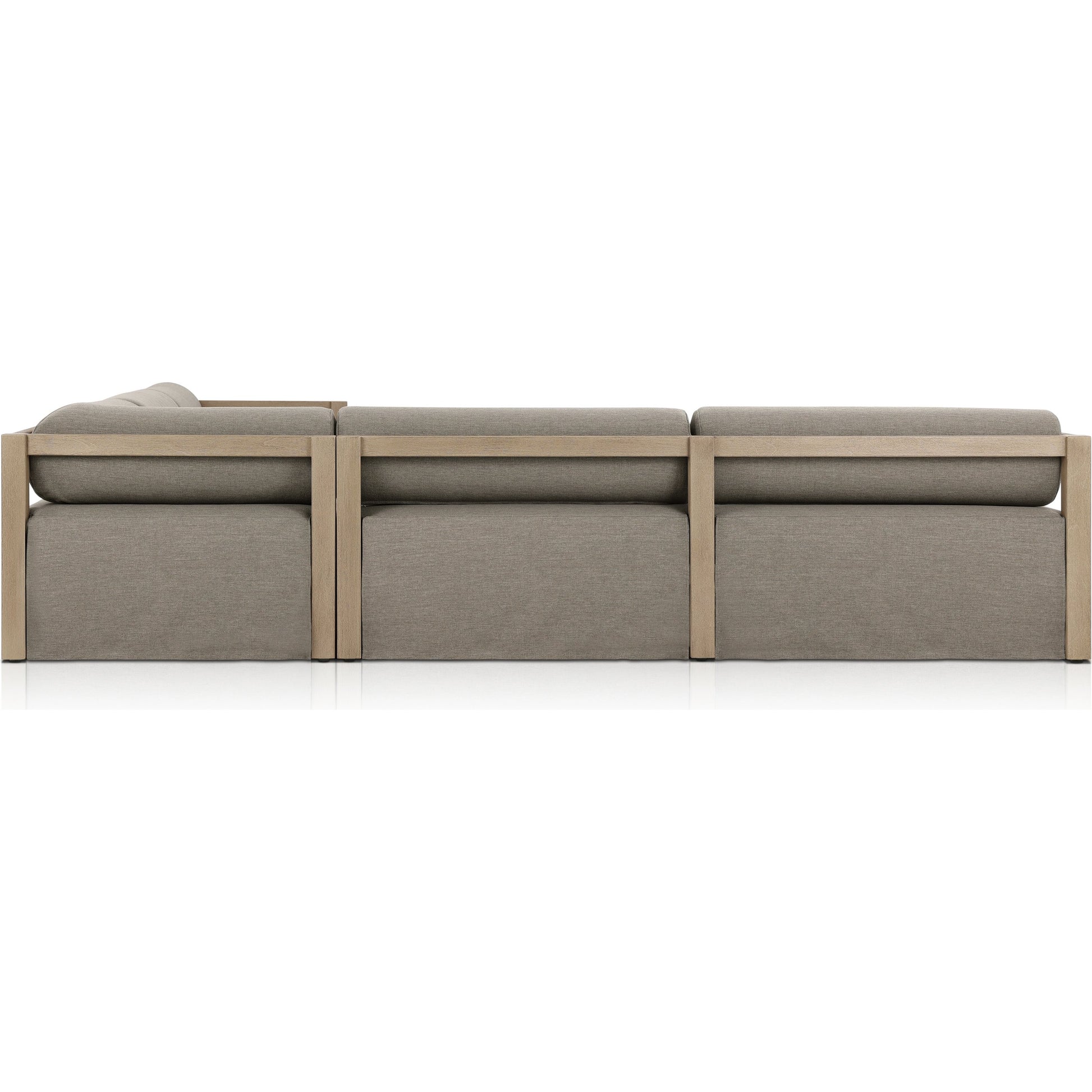 Laskin Outdoor 3-Piece Sectional by Four Hands in alessi fawn and washed brown. Made from 100% polypropylene, solid fsc®-certified teak, 91% polyurethane foam pad, 9% polyester fiber batting in a modern style.