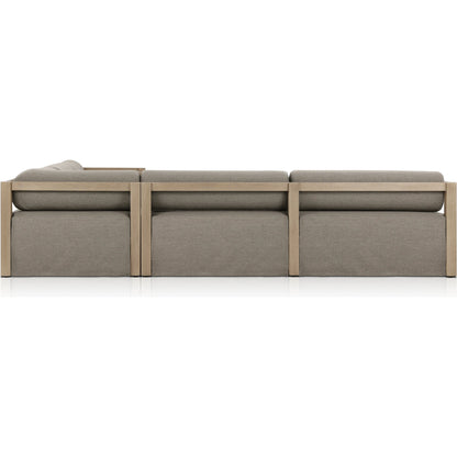 Laskin Outdoor 3-Piece Sectional by Four Hands in alessi fawn and washed brown. Made from 100% polypropylene, solid fsc®-certified teak, 91% polyurethane foam pad, 9% polyester fiber batting in a modern style.