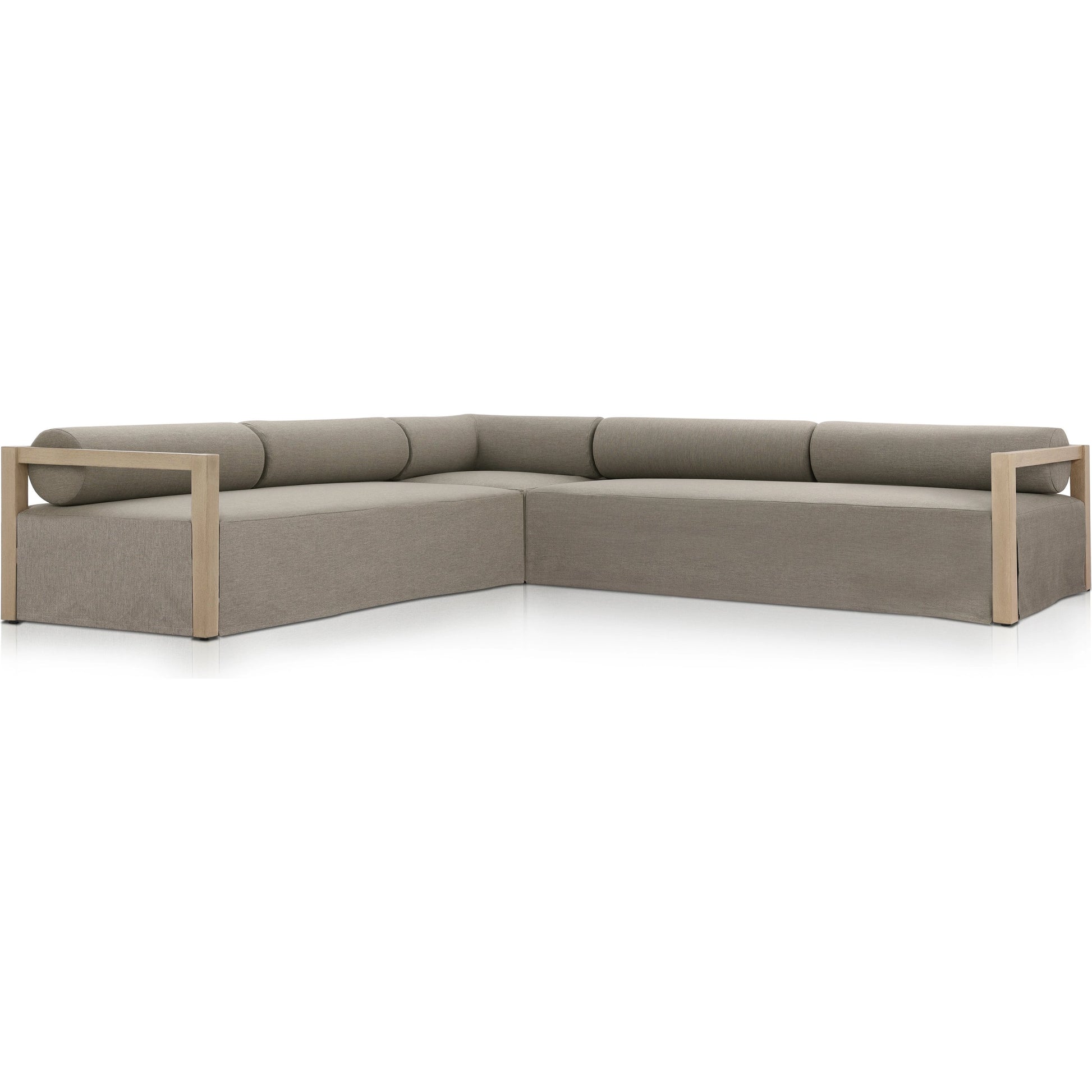 Laskin Outdoor 3-Piece Sectional by Four Hands in alessi fawn and washed brown. Made from 100% polypropylene, solid fsc®-certified teak, 91% polyurethane foam pad, 9% polyester fiber batting in a modern style.