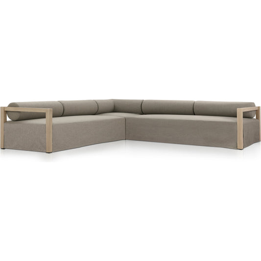 Laskin Outdoor 3-Piece Sectional by Four Hands in alessi fawn and washed brown. Made from 100% polypropylene, solid fsc®-certified teak, 91% polyurethane foam pad, 9% polyester fiber batting in a modern style.