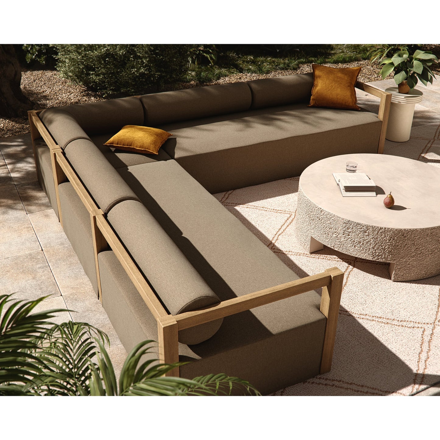 006 SI-2074417 | Lifestyle | Laskin Outdoor 3-Piece Sectional by Four Hands in alessi fawn and washed brown. Made from 100% polypropylene, solid fsc®-certified teak, 91% polyurethane foam pad, 9% polyester fiber batting in a modern style.