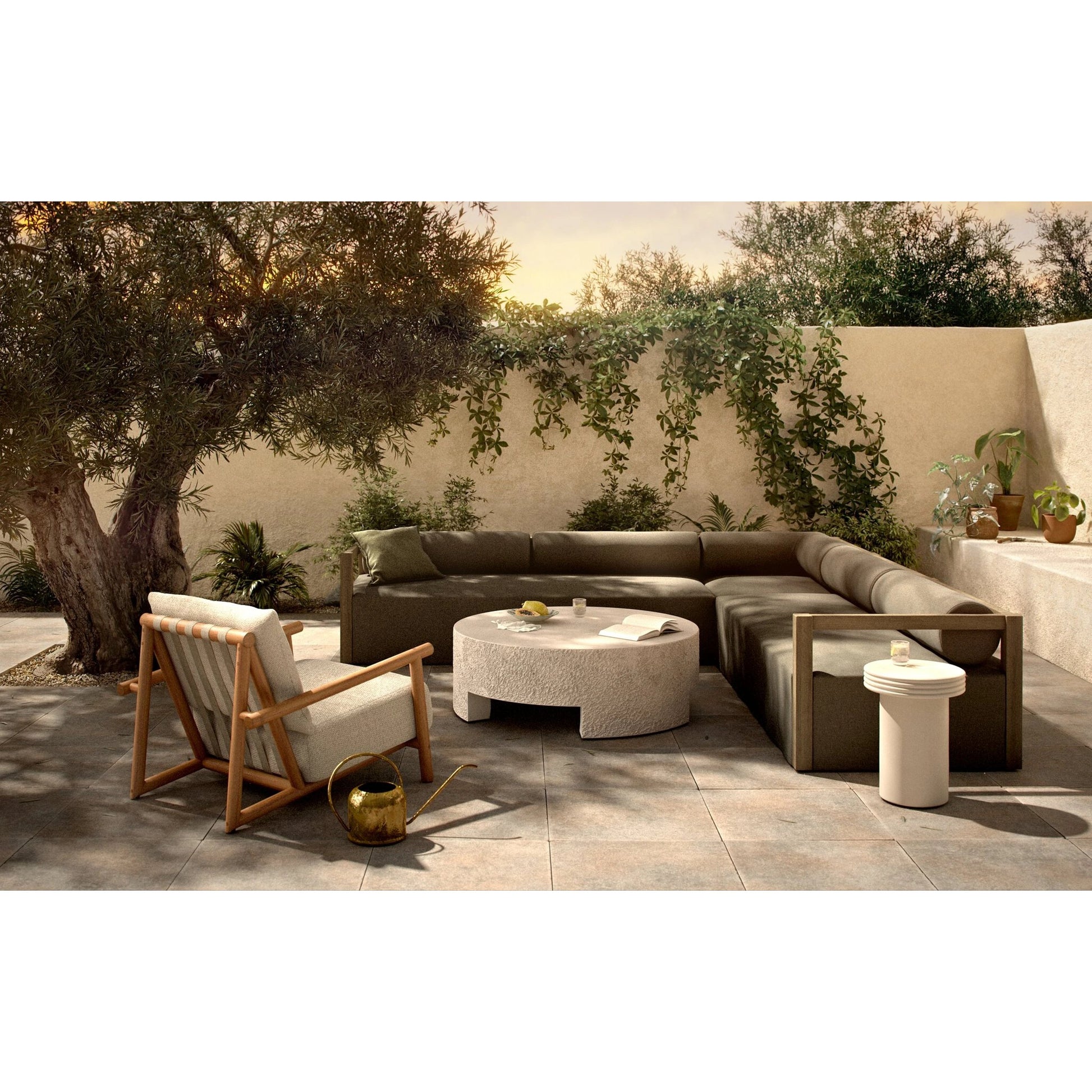 Laskin Outdoor 3-Piece Sectional by Four Hands in alessi fawn and washed brown. Made from 100% polypropylene, solid fsc®-certified teak, 91% polyurethane foam pad, 9% polyester fiber batting in a modern style.